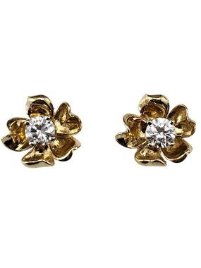 18K Yellow Gold Diamond Flower Stud Earrings #23968